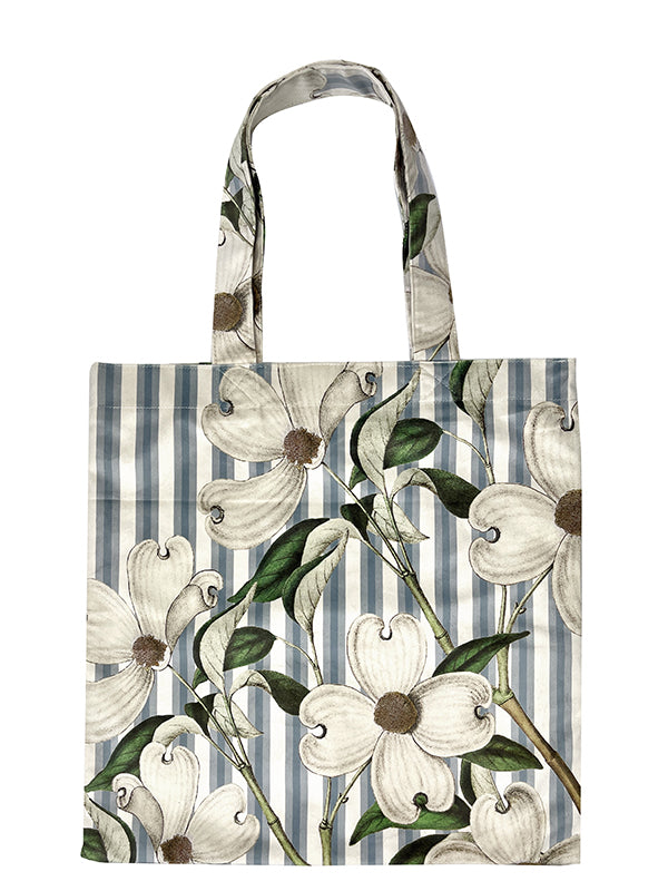 Taske Totebag Velour - Hvid Blomst/Blå Strib
