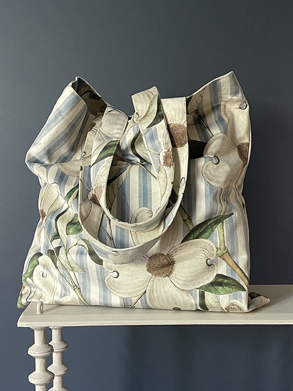 Taske Totebag Velour - Hvid Blomst/Blå Strib