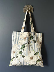 Taske Totebag Velour - Hvid Blomst/Blå Strib